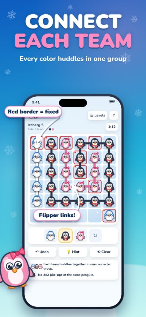 Huddlu Iceberg 5 with three teams, flipper links, and a note that a red border means fixed.