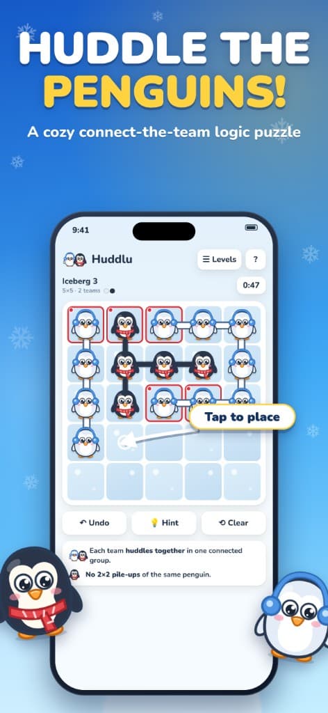 Huddlu Iceberg 3 on a phone, a 5 by 5 board with two penguin teams and a Tap to place tip.