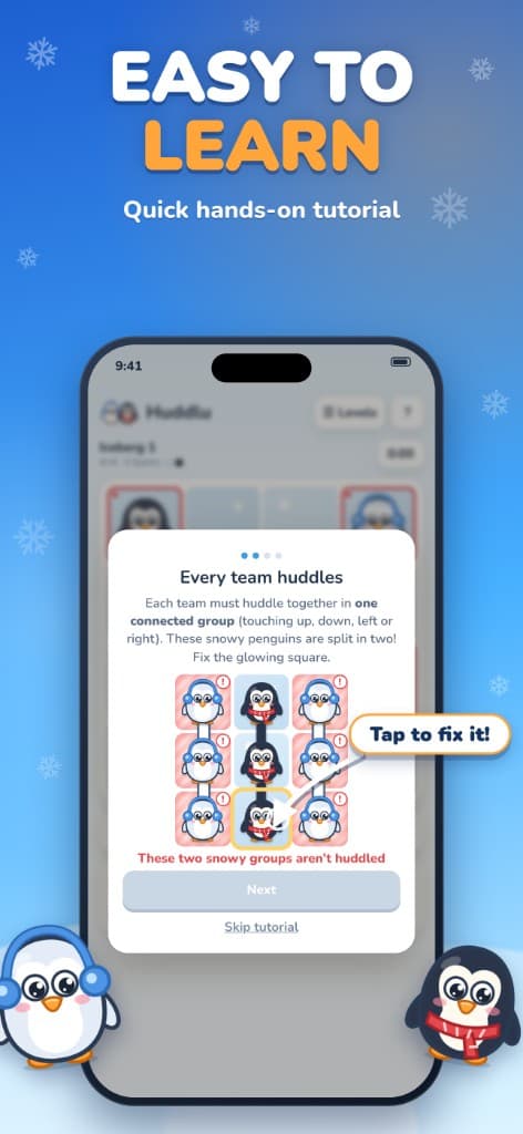 Huddlu tutorial: Every team huddles, with a glowing square and the prompt Tap to fix it.