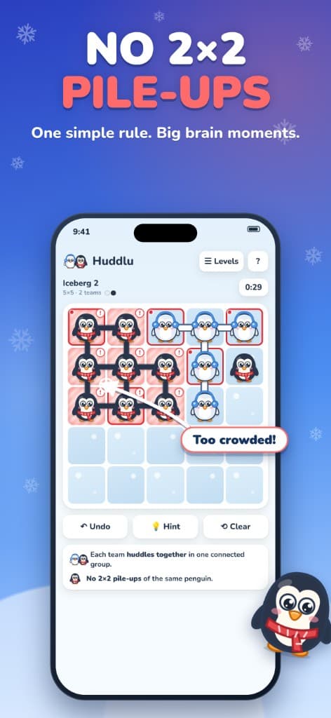 Huddlu Iceberg 2 showing a crowded 2 by 2 pile-up marked Too crowded.