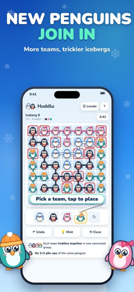 Huddlu Iceberg 8, a 7 by 7 board with four penguin teams and a team picker.